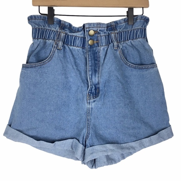 FOREVER 21 Paper Bag Jean Shorts High Waist Mom Stretch Denim Light Wash Size 29 - Picture 9 of 9